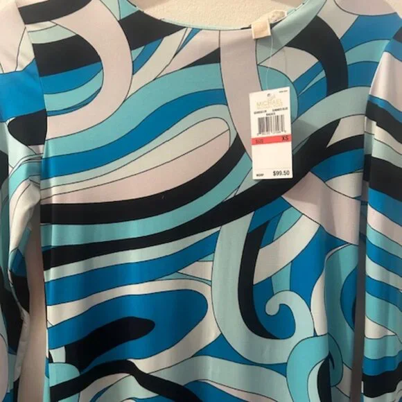 Michael Kors Abstract Geometric Retro Print Shades of Blue Stretch MiniDress NWT - Picture 6 of 16